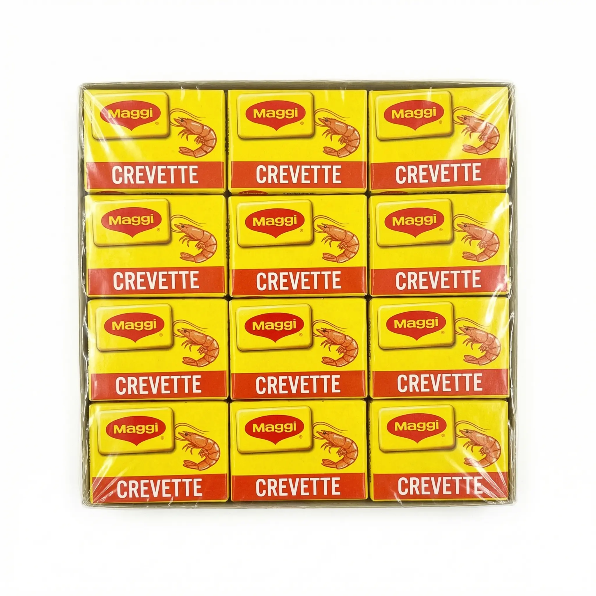 Vue dessus boîte cube Maggi crevette emballage individuel cube